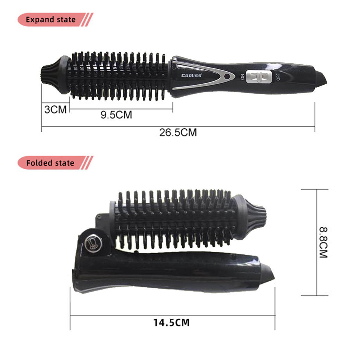 Eine schwarze Haarbürste in ausgeklapptem und zusammengeklapptem Zustand. Abmessungen sind beschriftet. Die Marke ist Cooliss.
