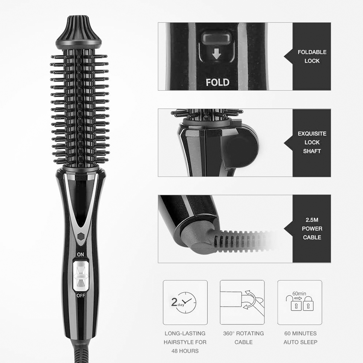 Schwarzer Haarstyler mit Bürstenkopf, Ein/Aus-Schalter und detaillierten Diagrammen, die Funktionen wie Verriegelung, Kabel und Auto-Sleep zeigen.