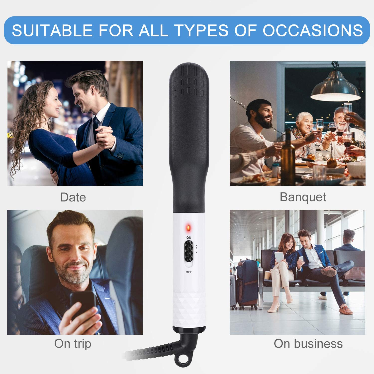 Das Bild zeigt ein Haarstyling-Tool. Es zeigt Szenen: ein tanzendes Paar, ein Abendessen, ein Mann auf Reisen und ein Paar am Flughafen.