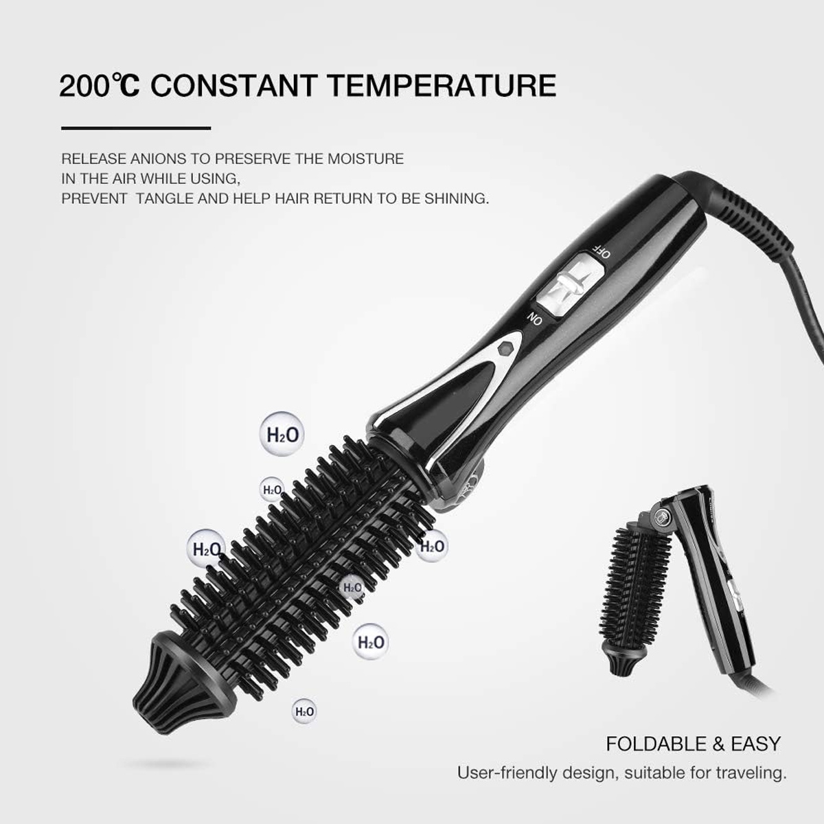 Schwarze Haarstylingbürste mit Borsten, Wassertröpfchen und Text, der konstante Temperatur und faltbares Design anzeigt.