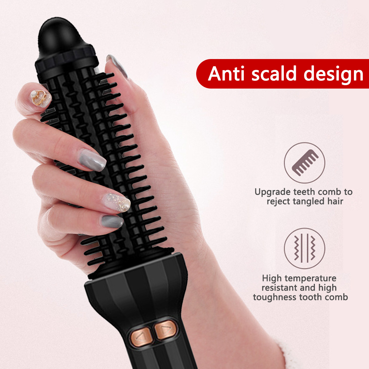 Eine Hand hält ein schwarzes Haarstyling-Werkzeug. Das Werkzeug hat eine kammartige Struktur. Text lautet 'Anti-Verbrühungs-Design' und 'Hochtemperatur beständig'.