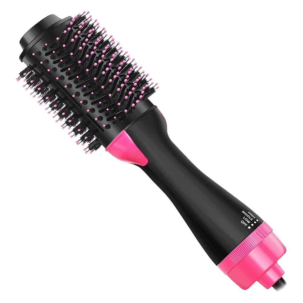 Eine schwarz-rosa Haartrocknerbürste. Der Bürstenkopf ist schwarz mit rosa Borsten. Der Griff ist schwarz und rosa.