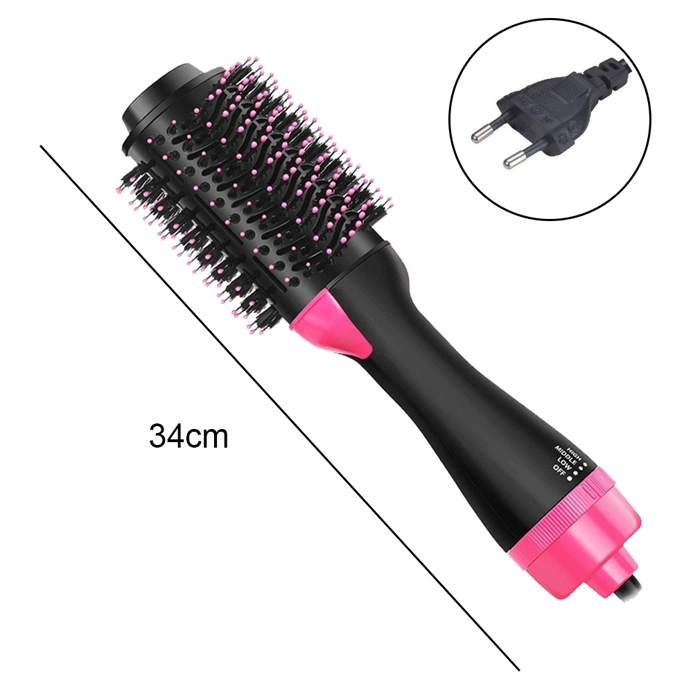 Eine schwarz-rosa Haartrocknerbürste mit Stecker im Hintergrund und einer 34 cm langen Linie.