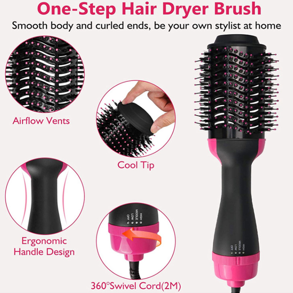 Gezeigt wird eine Ein-Schritt-Haartrocknerbürste. Merkmale sind Luftauslassöffnungen, kühle Spitze, ergonomischer Griff und 360°-Drehkabel. Rosa und schwarzes Design.