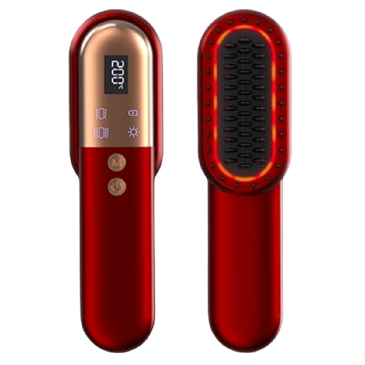 Zwei rote und goldene Haarglätter. Eines zeigt eine Temperaturanzeige, das andere die Bürstenseite mit roten Lichtern.