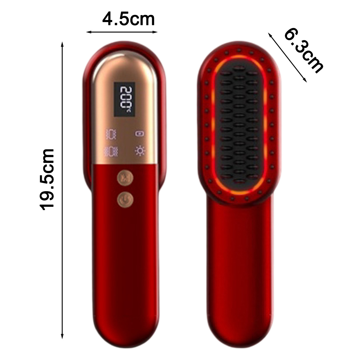 Zwei rote Haarglätter mit Maßangaben. Einer zeigt ein Display mit 200°F. Der andere zeigt Kammzähne.