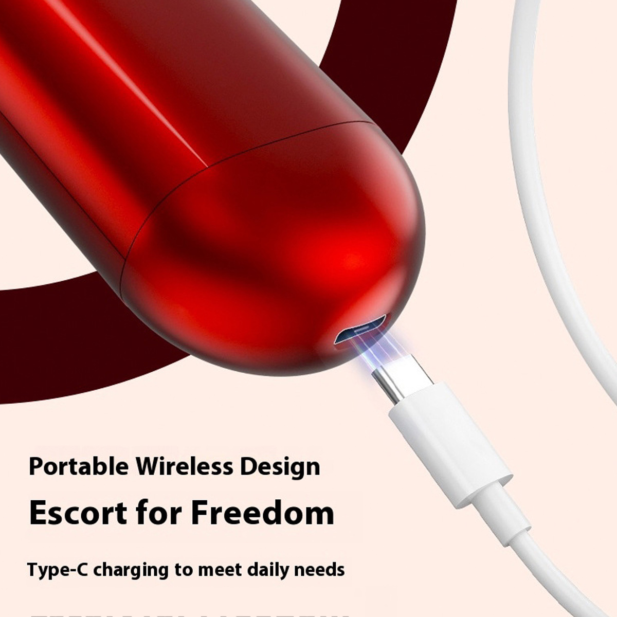 Ein rotes, metallisches Gerät ist mit einem weißen USB-C-Kabel verbunden. Das Gerät hat einen Ladeanschluss, der blaues Licht emittiert.