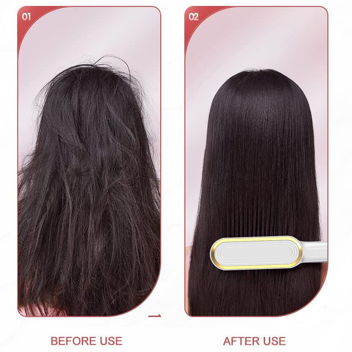 Das Bild zeigt Haare vor und nach dem Glätten. Vorher: kraus, verknotet. Nachher: glatt, gerade, mit einem Haarglätter sichtbar.