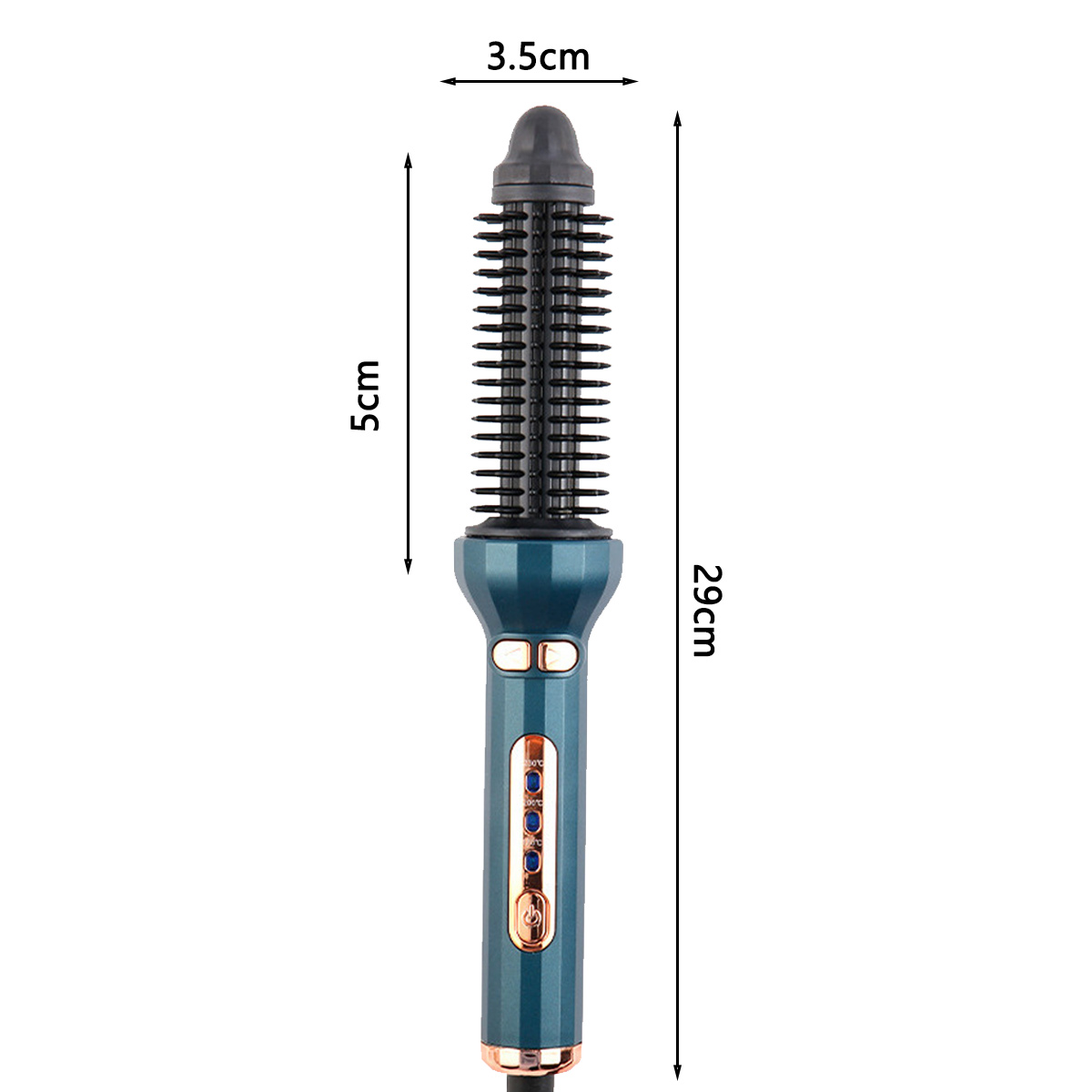 Eine türkisfarbene Lockenstab wird angezeigt. Er ist 29 cm lang. Der Bürstenkopf ist schwarz, 5 cm lang und 3,5 cm breit.