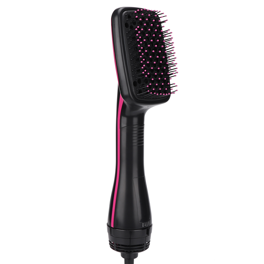 Eine schwarz-rosa Haartrocknerbürste. Sie hat einen rechteckigen Bürstenkopf mit rosa Borsten und einen schwarzen Griff mit rosa Akzenten.