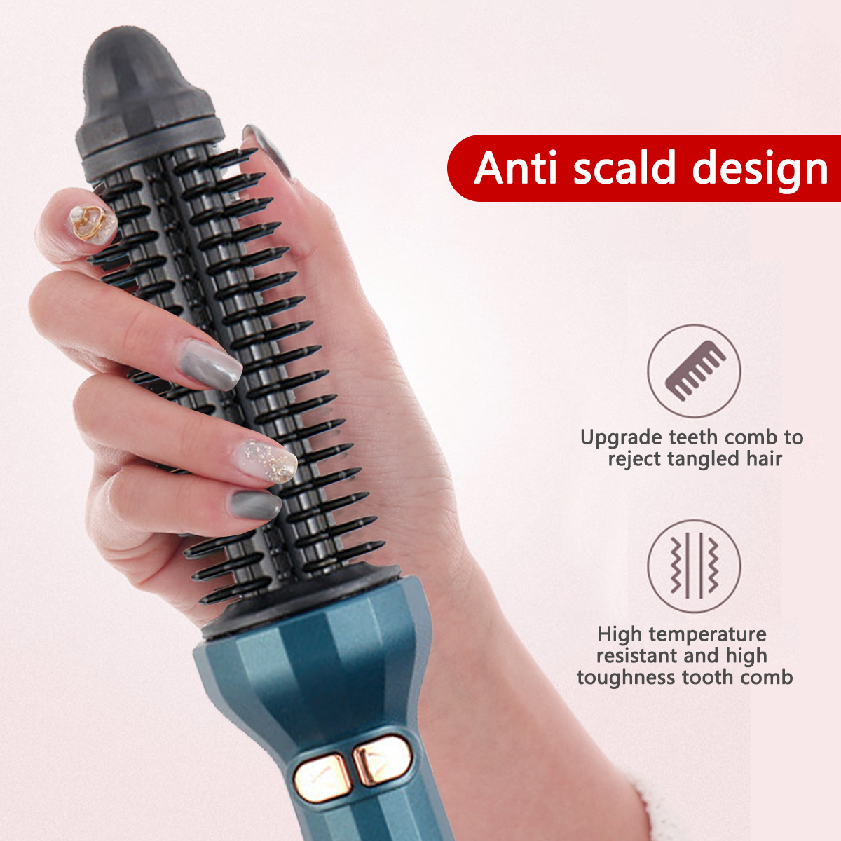 Eine Hand, die ein blau-schwarzes Haarstyling-Tool hält. Der Text lautet 'Anti-Verbrühungs-Design' und hebt entwirrende Funktionen hervor.