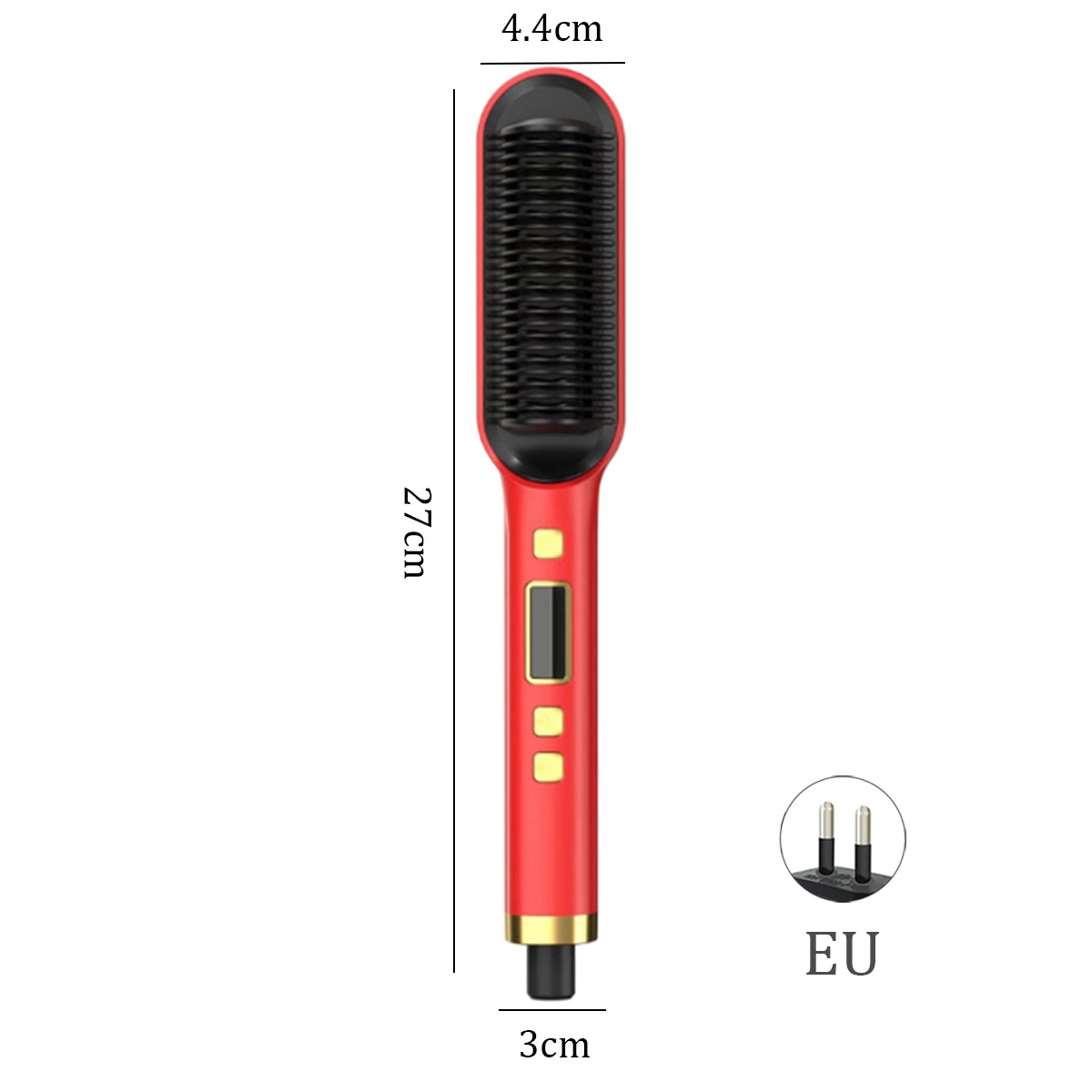 Ein roter Haarglätter mit schwarzen Borsten. Abmessungen: 27 cm lang, 4,4 cm breit. Ein EU-Stecker ist ebenfalls abgebildet.