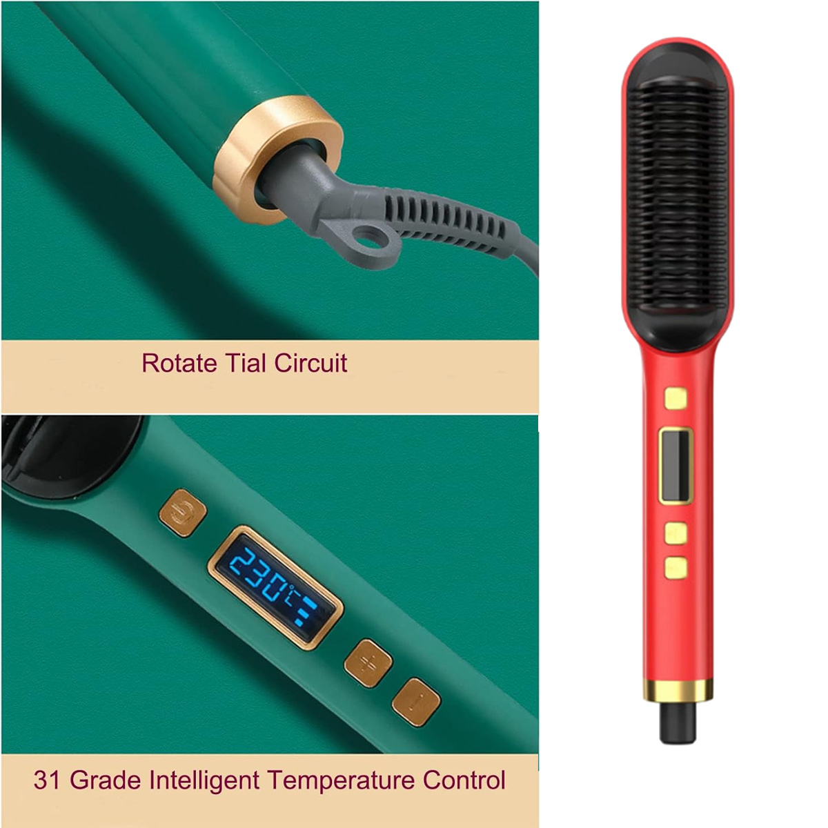 Das Bild zeigt einen grünen und goldenen Haarglätter mit rotem Griff. Zeigt Temperatur und Bedienelemente sowie eine separate Heizbürste.