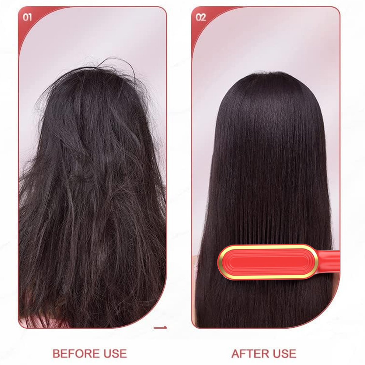 Das Bild zeigt Haare vor und nach der Anwendung eines Haarglätters. Vorher: krauses Haar. Nachher: glattes, glattes Haar mit rotem Werkzeug.