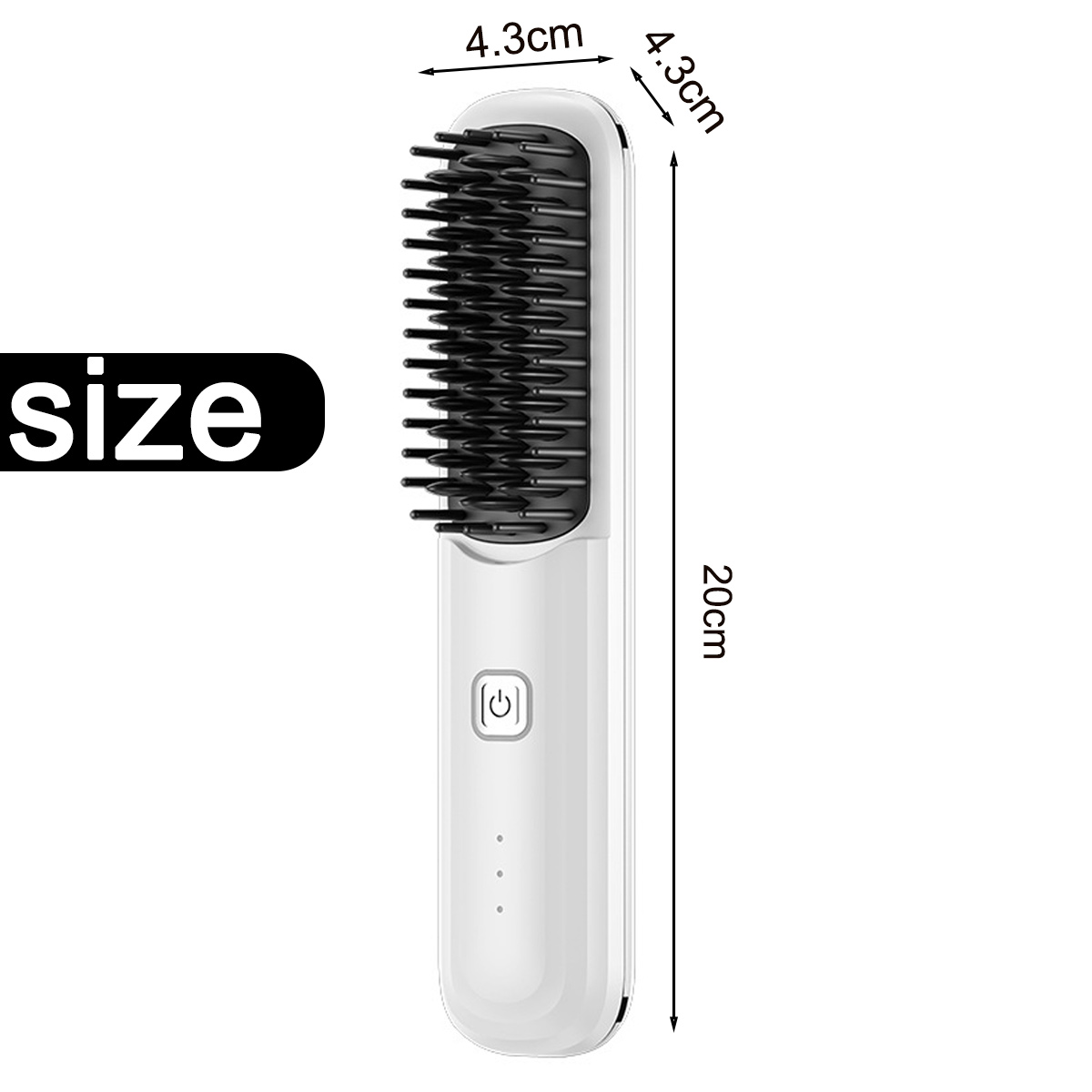 Ein weißer Haarglätter mit schwarzen Borsten, Abmessungen sind angegeben. Das Wort 'Größe' steht daneben.