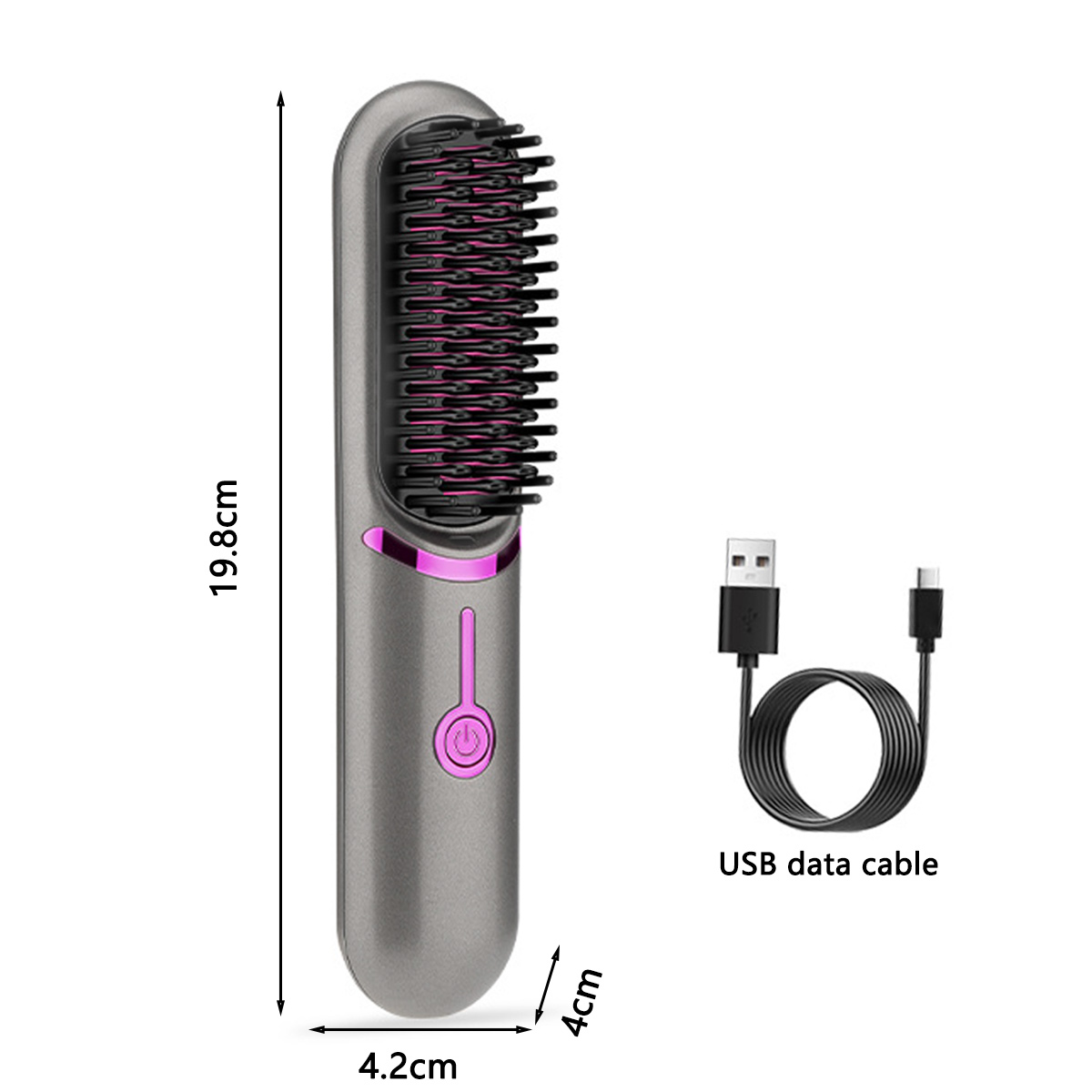 Eine graue Haarglättungsbürste mit schwarzen Borsten und einem USB-Datenkabel. Abmessungen sind auf dem Bild angegeben.