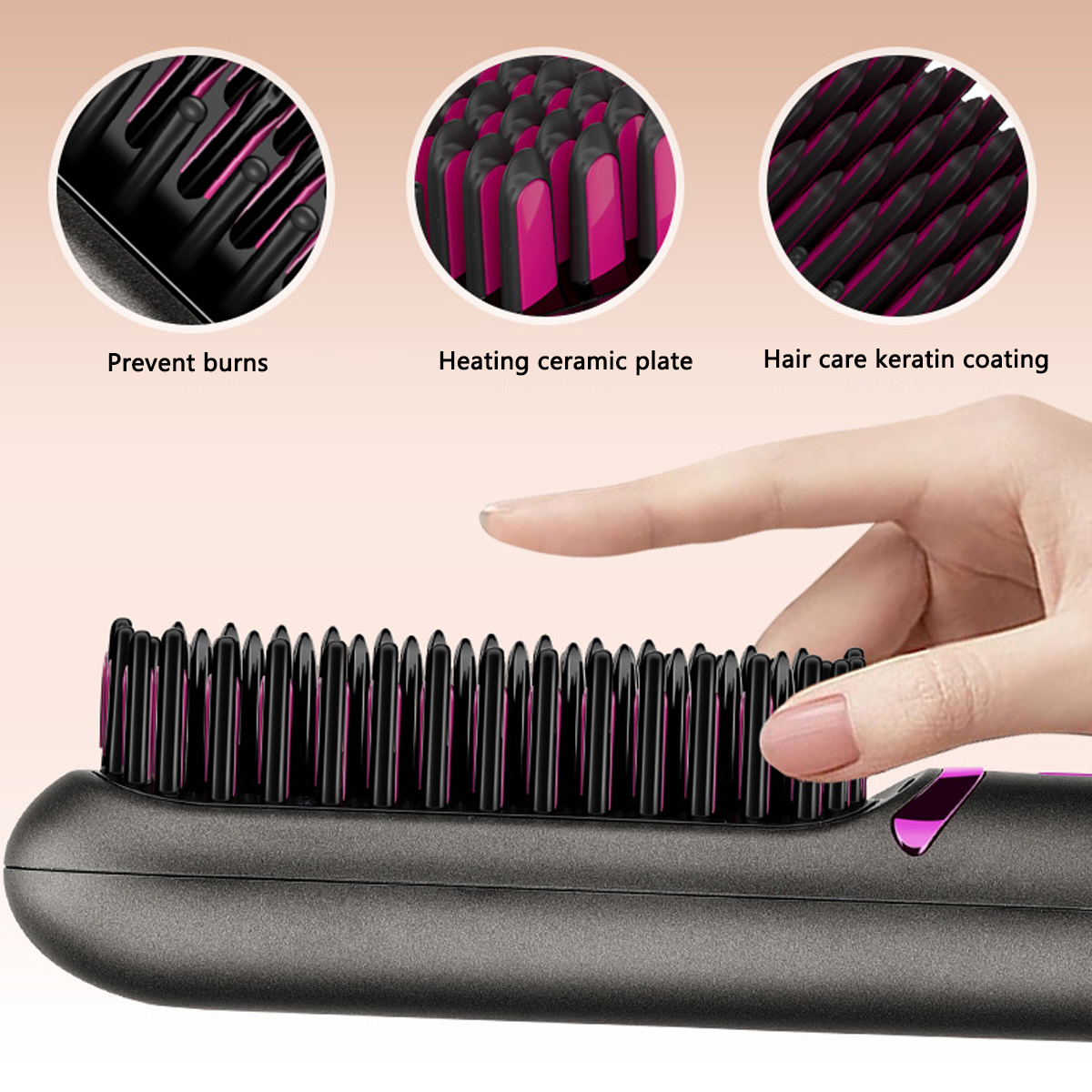 Eine Hand berührt einen Haarglätter. Drei Nahaufnahmen: Verbrennungen verhindern, Keramikplatte, Keratinbeschichtung.