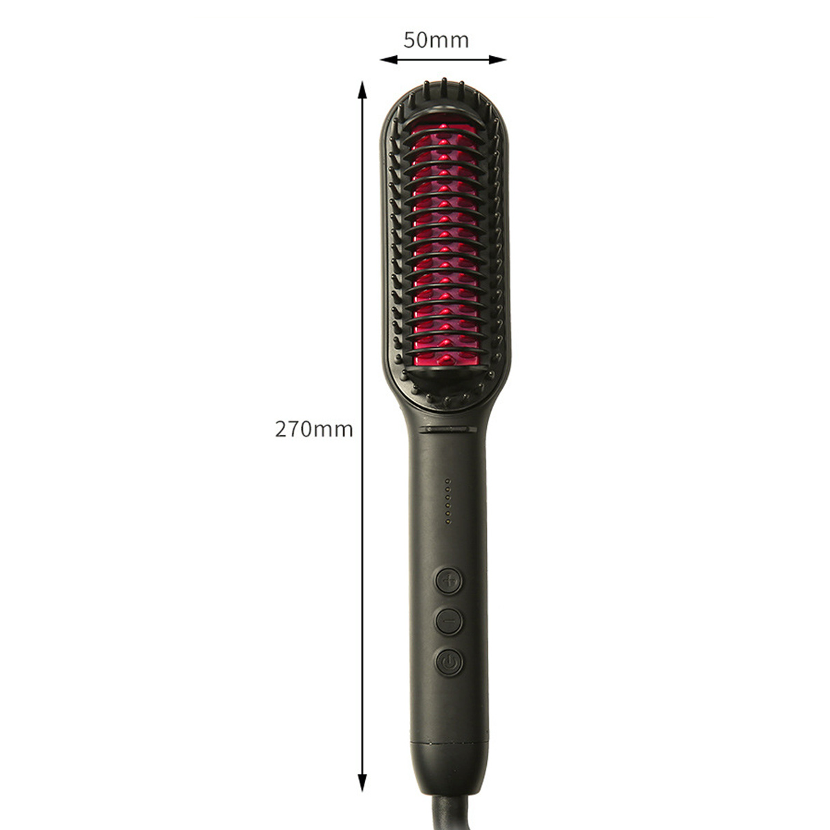Eine schwarze Haarglättungsbürste mit roten Heizelementen. Sie hat einen Griff mit Knöpfen und zeigt Abmessungen von 270 mm und 50 mm.