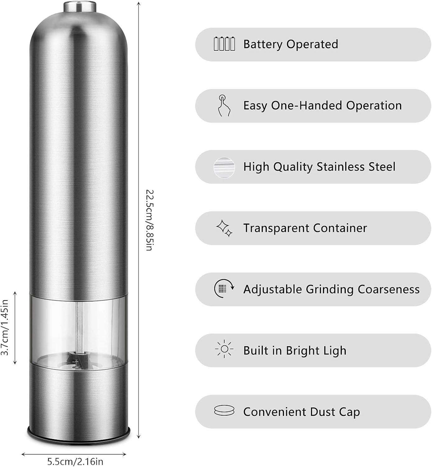 Eine metallische Pfeffermühle mit transparentem Behälter. Merkmale sind Batteriebetrieb, Edelstahl und einstellbarem Mahlgrad.