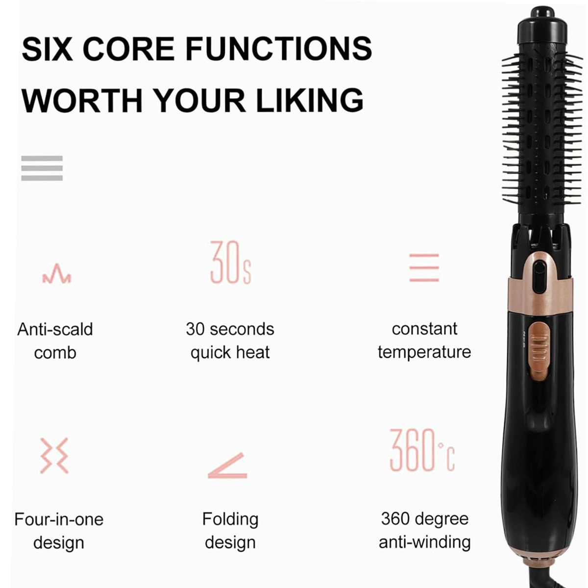 Das Bild zeigt ein schwarz-goldenes Haarstyling-Tool. Text hebt Merkmale hervor: Anti-Verbrühungs-Kamm, schnelles Aufheizen, konstante Temperatur und 360-Grad-Verdrehschutz.