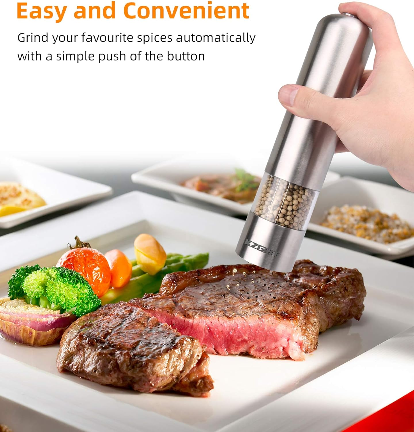 Eine Hand hält eine Pfeffermühle über einem Steak. Das Steak liegt auf einem weißen Teller mit Gemüse. Der Text lautet 'Einfach und bequem'.