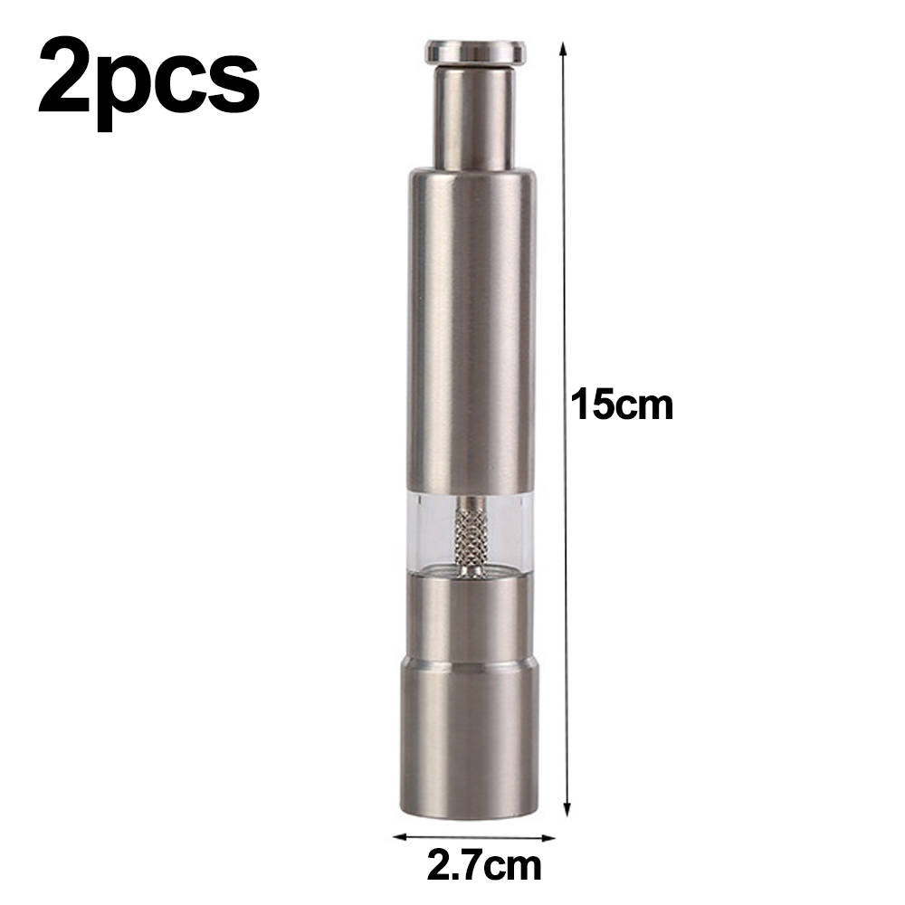 Ein metallener Pfeffermühle, 15 cm hoch, 2,7 cm breit. Der Text lautet '2 Stück'.