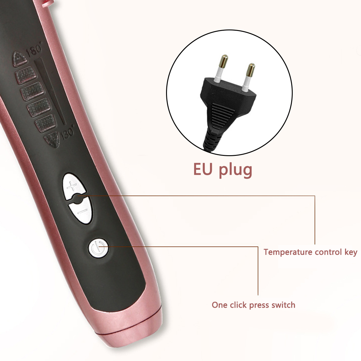 Ein roségoldenes Glätteisen mit Temperaturreglern. Ein EU-Stecker ist in einem Kreis. Etiketten zeigen auf Tasten und Funktionen.