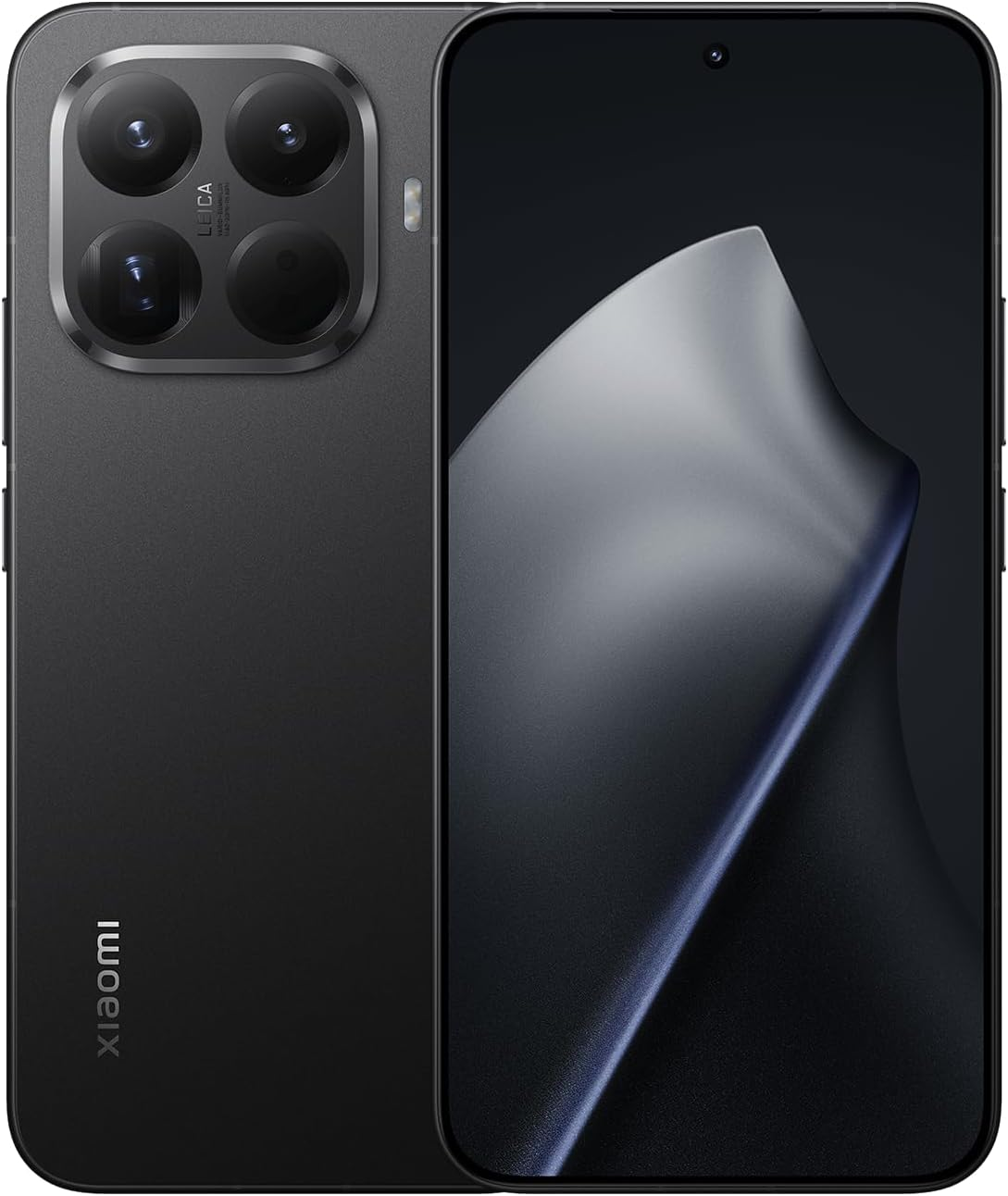 Dört kameralı ve kavisli ekranlı siyah bir akıllı telefon. Xiaomi logosu görünür. Ekran, karanlık, soyut bir tasarım görüntülüyor.