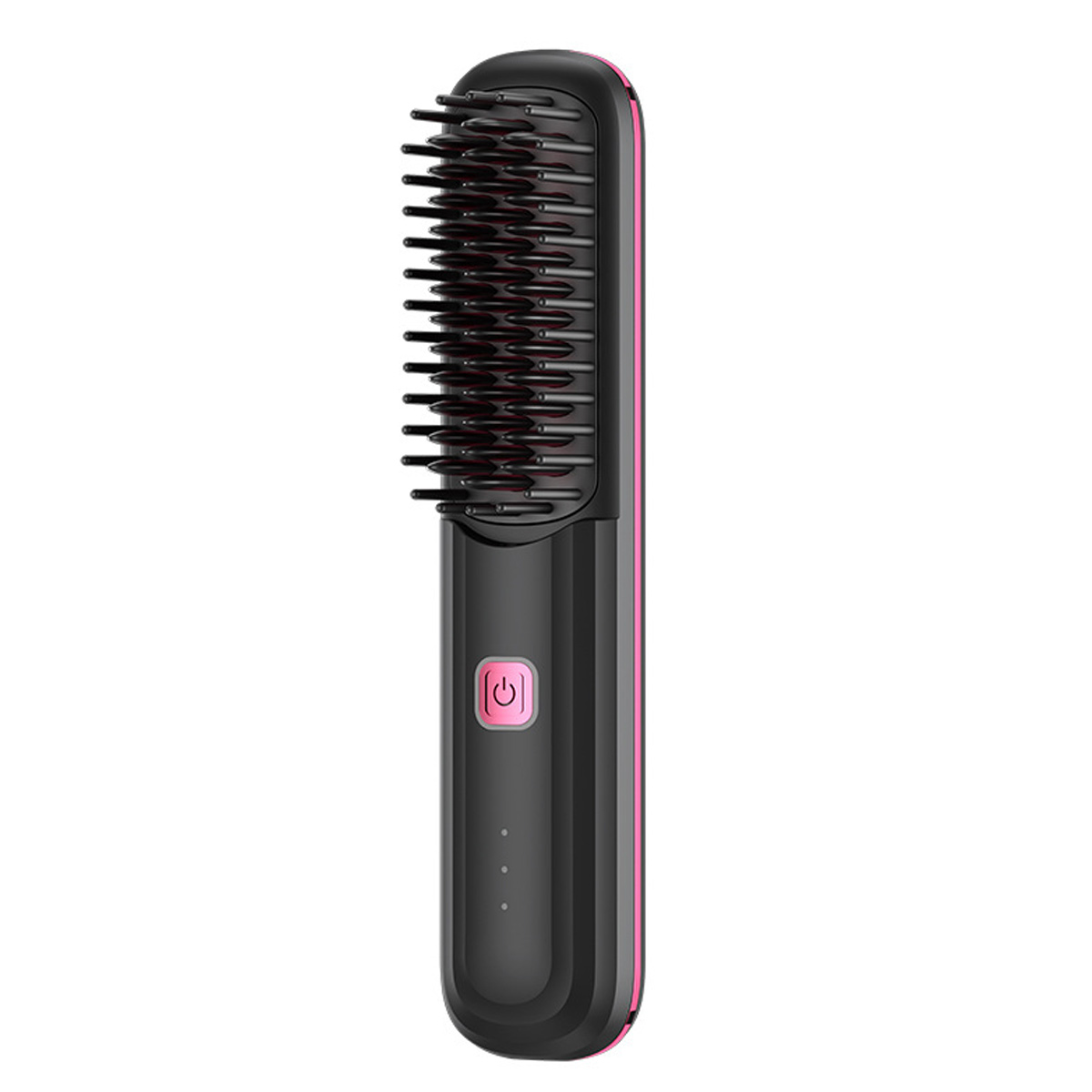 Eine schwarz-rosa Haarglättungsbürste. Sie hat einen Ein-/Ausschalter, Kontrollleuchten und Borsten zum Glätten der Haare.