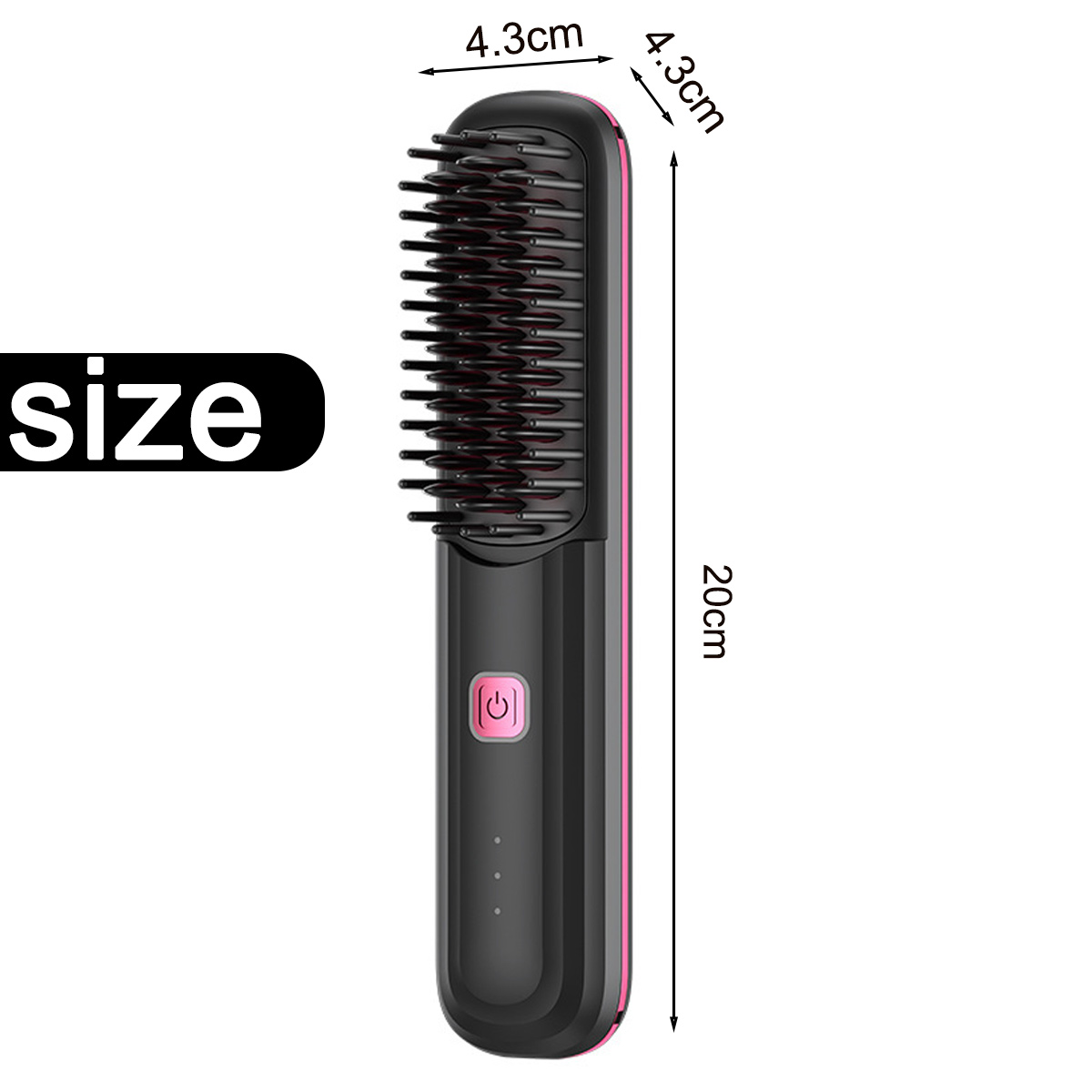 Ein schwarzer Haarglätter mit rosa Akzenten. Abmessungen sind beschriftet: 20 cm lang, 4,3 cm breit. Ein Ein-/Ausschalter ist sichtbar.