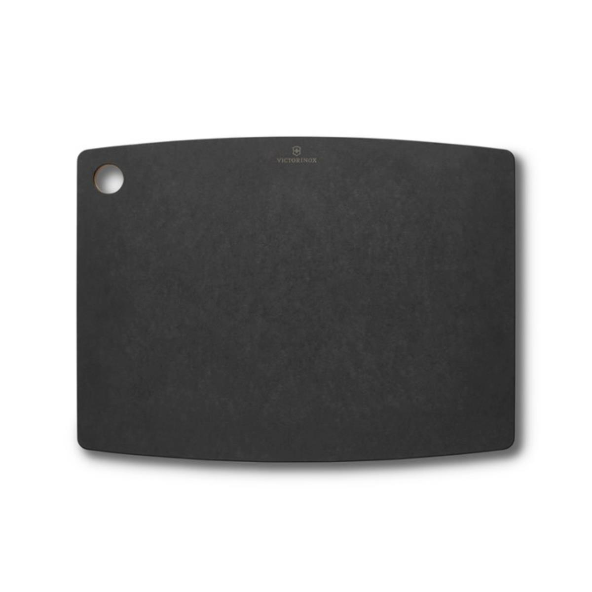 Sol üst köşesinde deliği olan koyu gri dikdörtgen kesme tahtası ve Victorinox logosu.