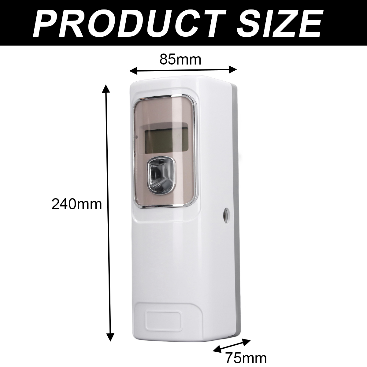 Weißer Lufterfrischer mit Größenangaben: 240 mm Höhe, 85 mm Breite und 75 mm Tiefe. Text 'PRODUCT SIZE' oben.