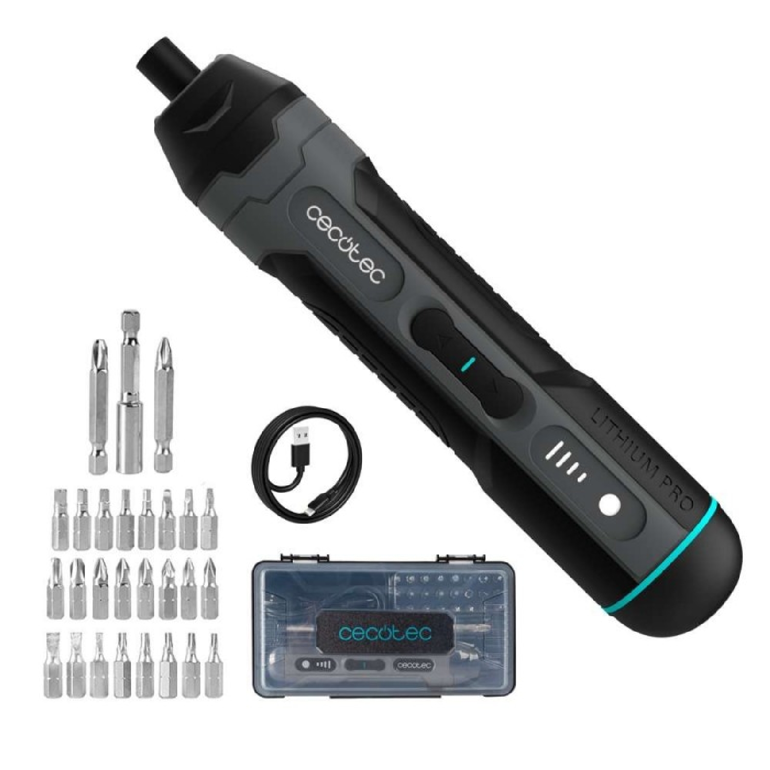 Un set di cacciaviti elettrici grigio e nero con varie punte, un cavo di ricarica e una custodia con l'etichetta Cecotec Lithium Pro.
