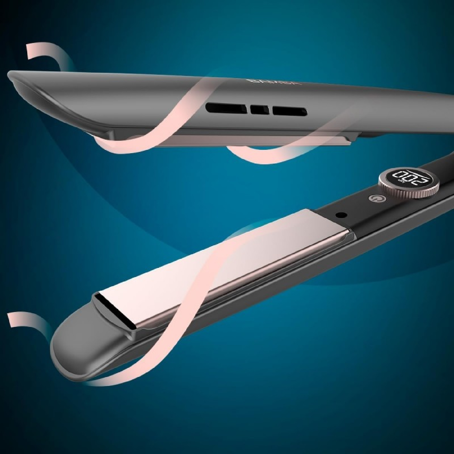 Close-up of a black and silver hair straightener with a digital display showing 200 degrees. Pink swirls show air movement.