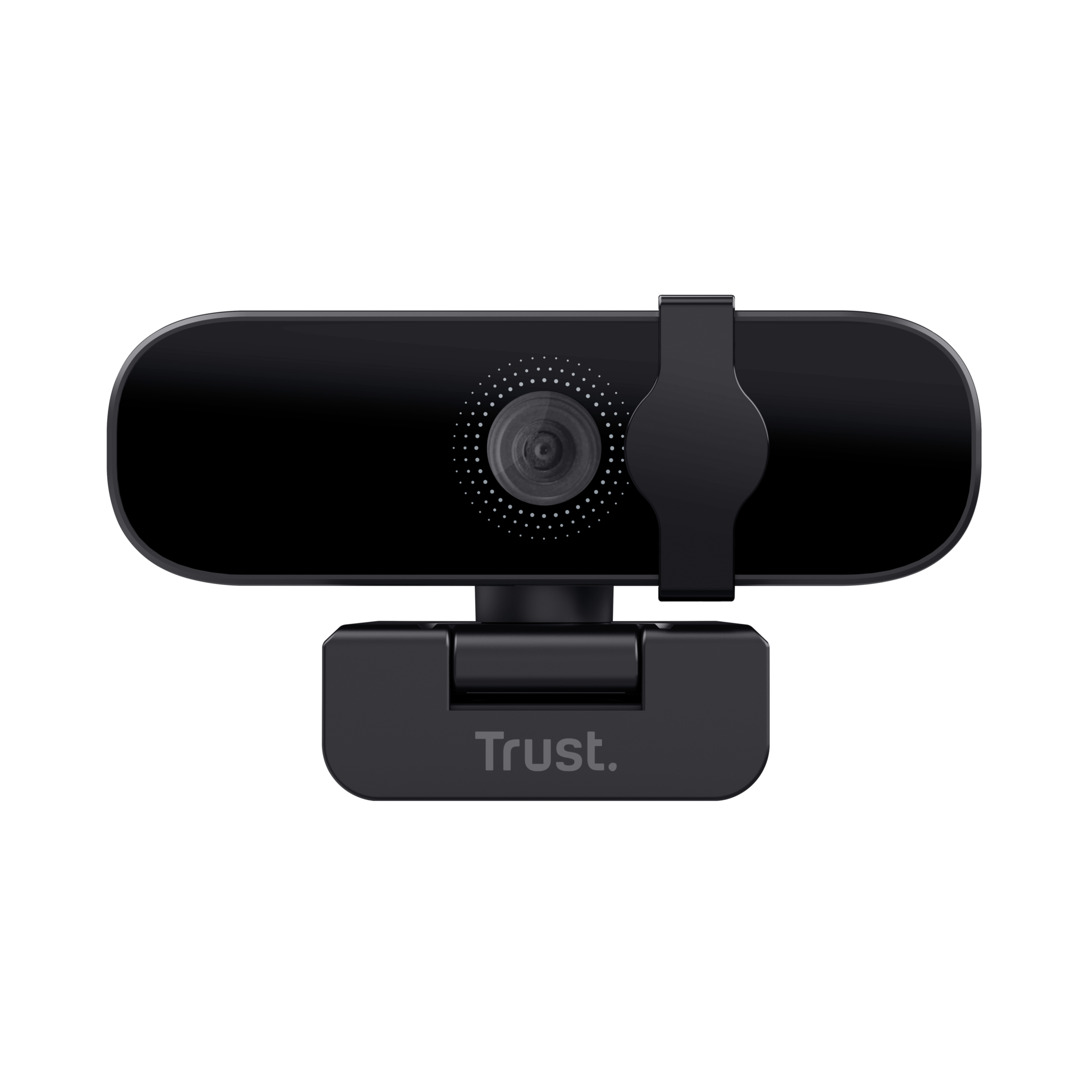 Eine schwarze Webcam mit zentrierter Linse, Trust-Logo und schwarzem Hintergrund.