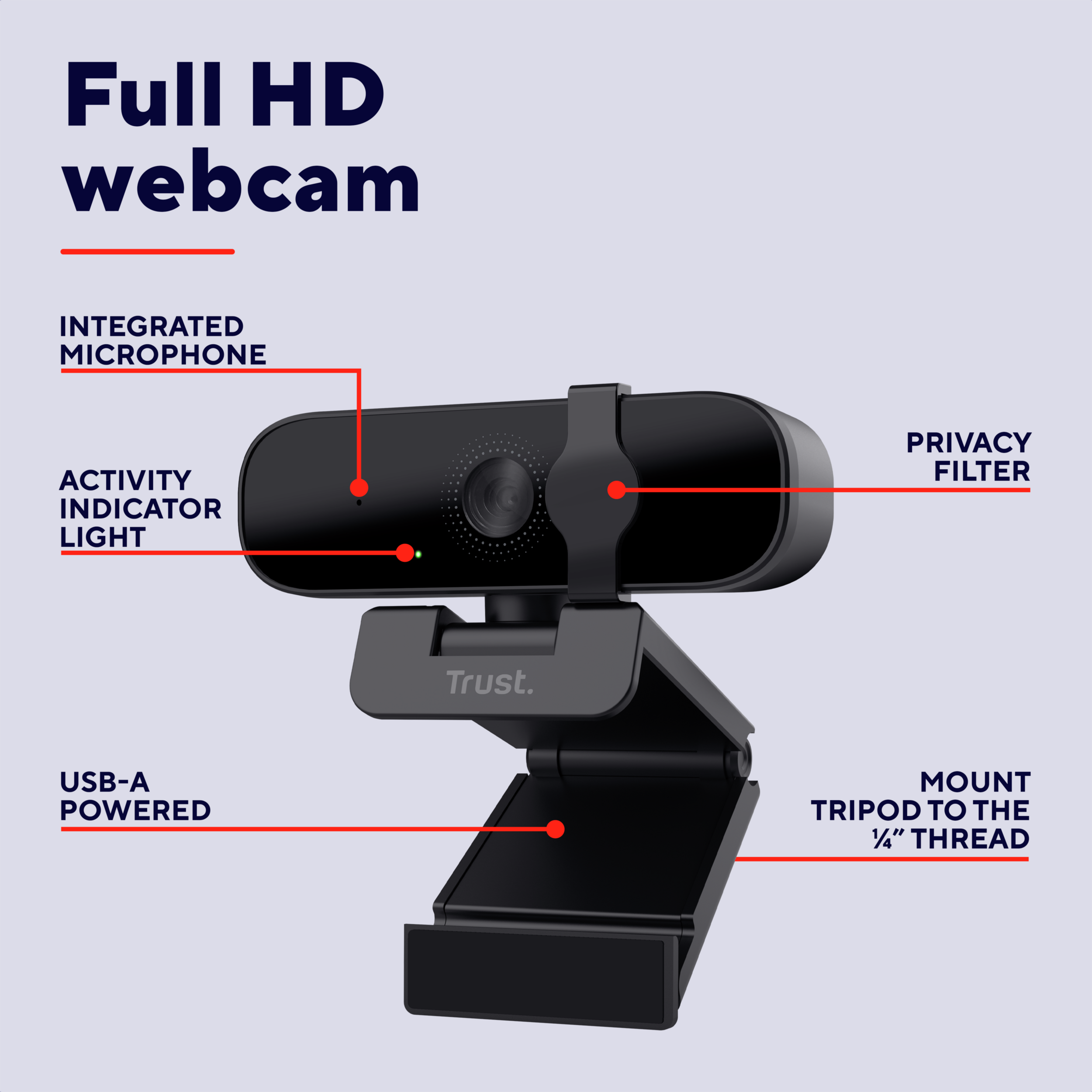 Eine schwarze Webcam mit integriertem Mikrofon, Aktivitätsanzeige und Sichtschutz. Sie ist USB-A-betrieben und wird an einem Stativ befestigt.