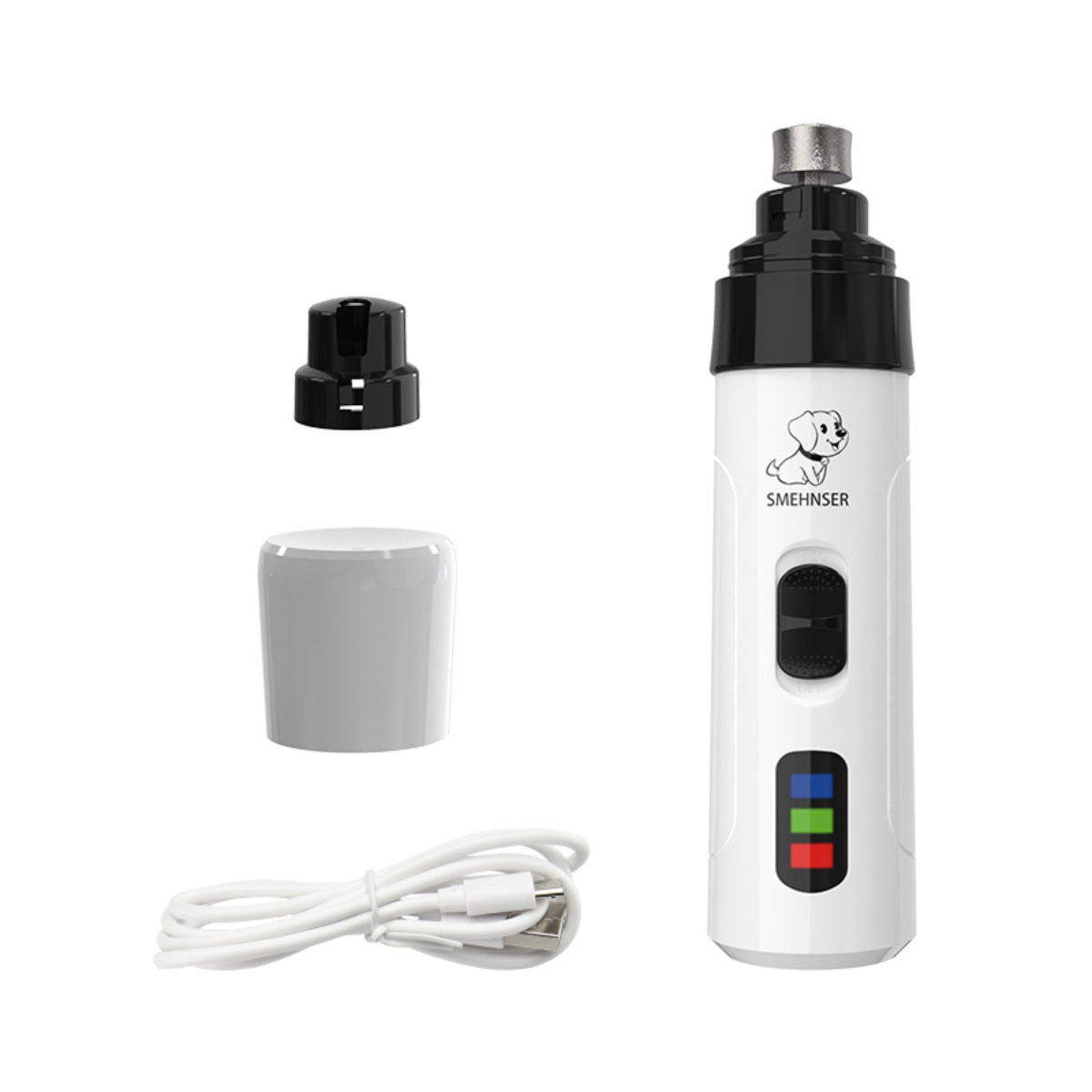 Ein weißer Hunde-Nagel-Schleifer mit schwarzen Akzenten, separater Kappe und Abdeckung, USB-Kabel. Markenname ist SMEHNSER. Hat Strom- und Batteriestandsanzeigen.