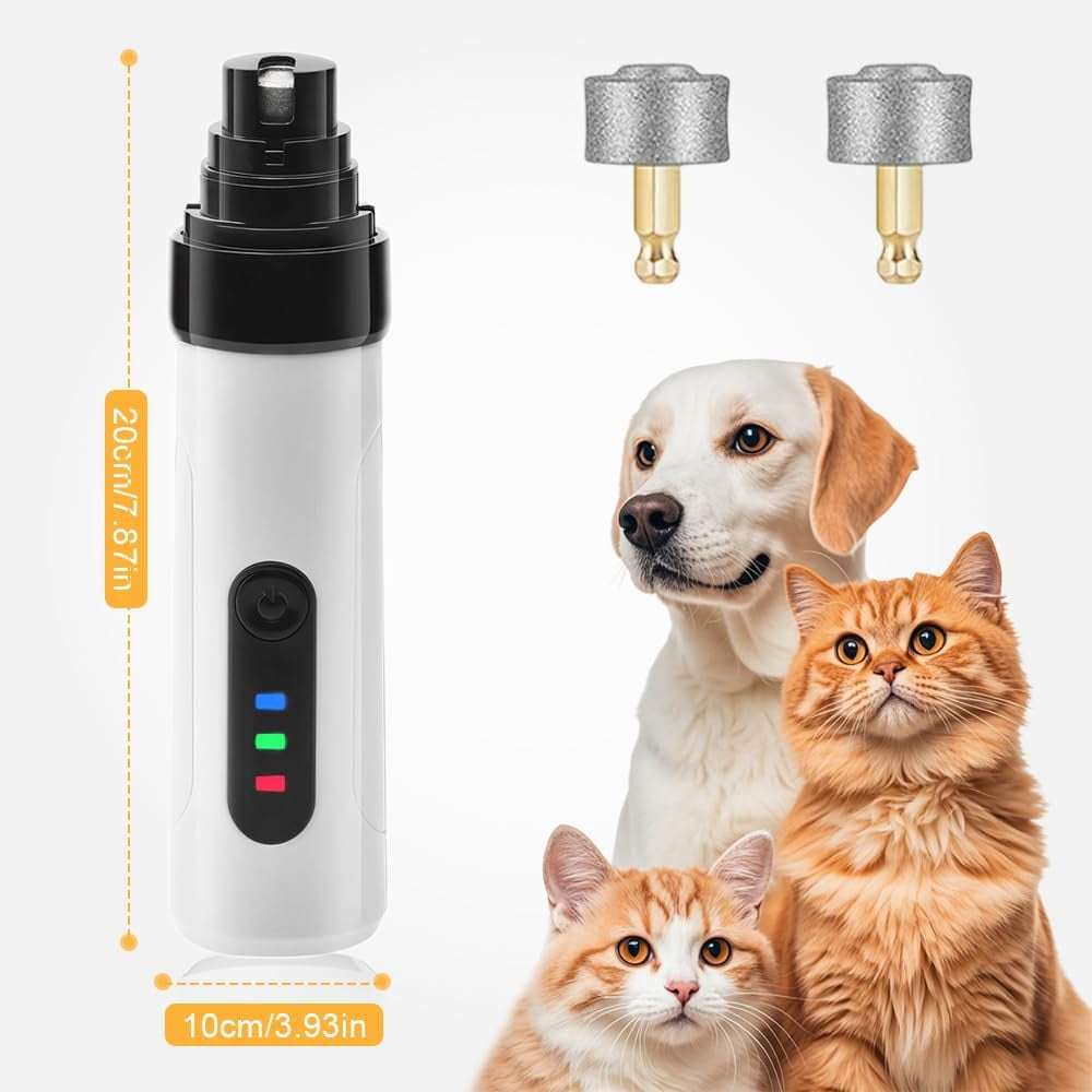 Ein weißer Haustier-Nagelschleifer, zwei Schleifköpfe, ein Hund und zwei Katzen sind in diesem Bild.