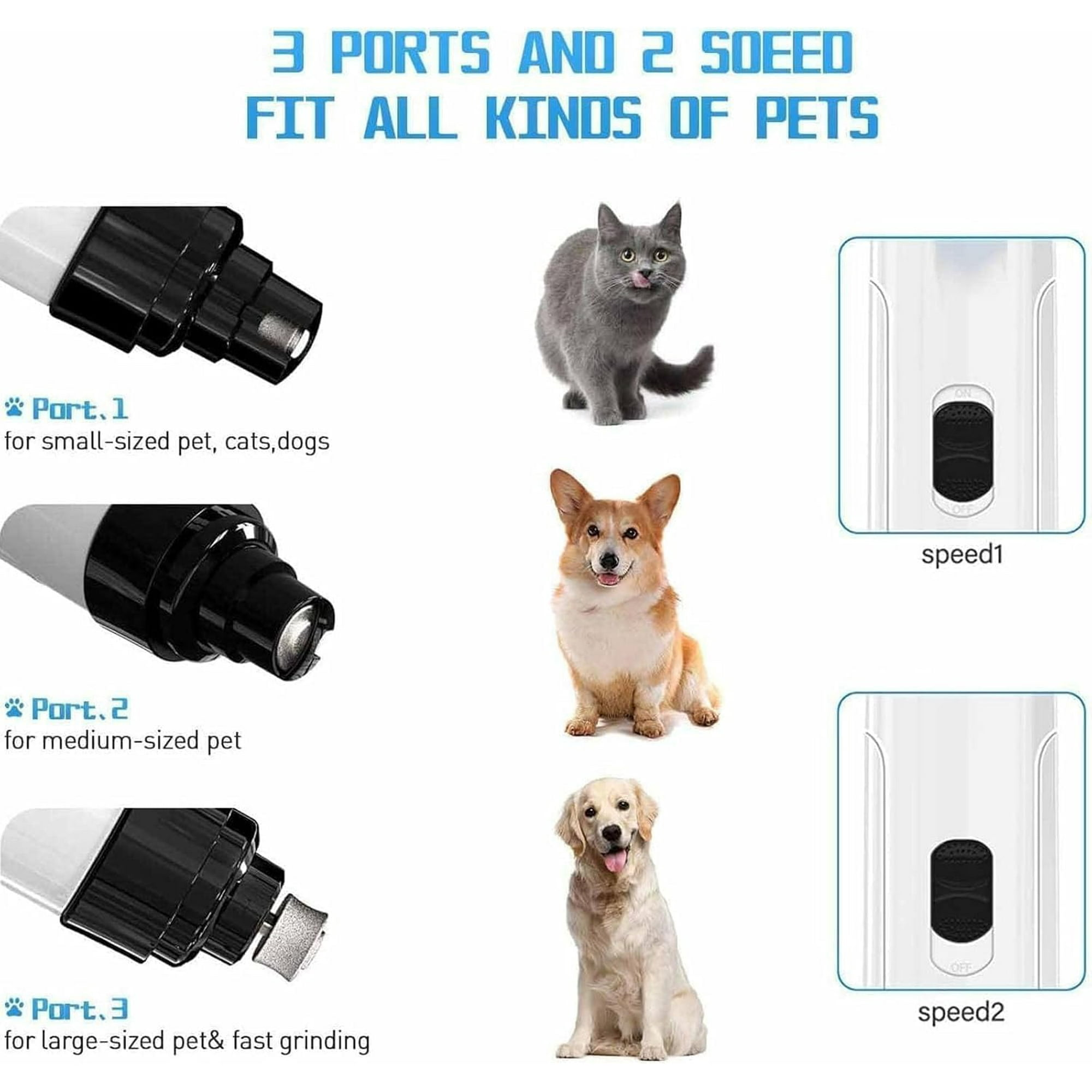 Das Bild zeigt einen Krallenschleifer für Haustiere mit 3 Anschlüssen und 2 Geschwindigkeiten, mit Katze, Corgi und Golden Retriever.