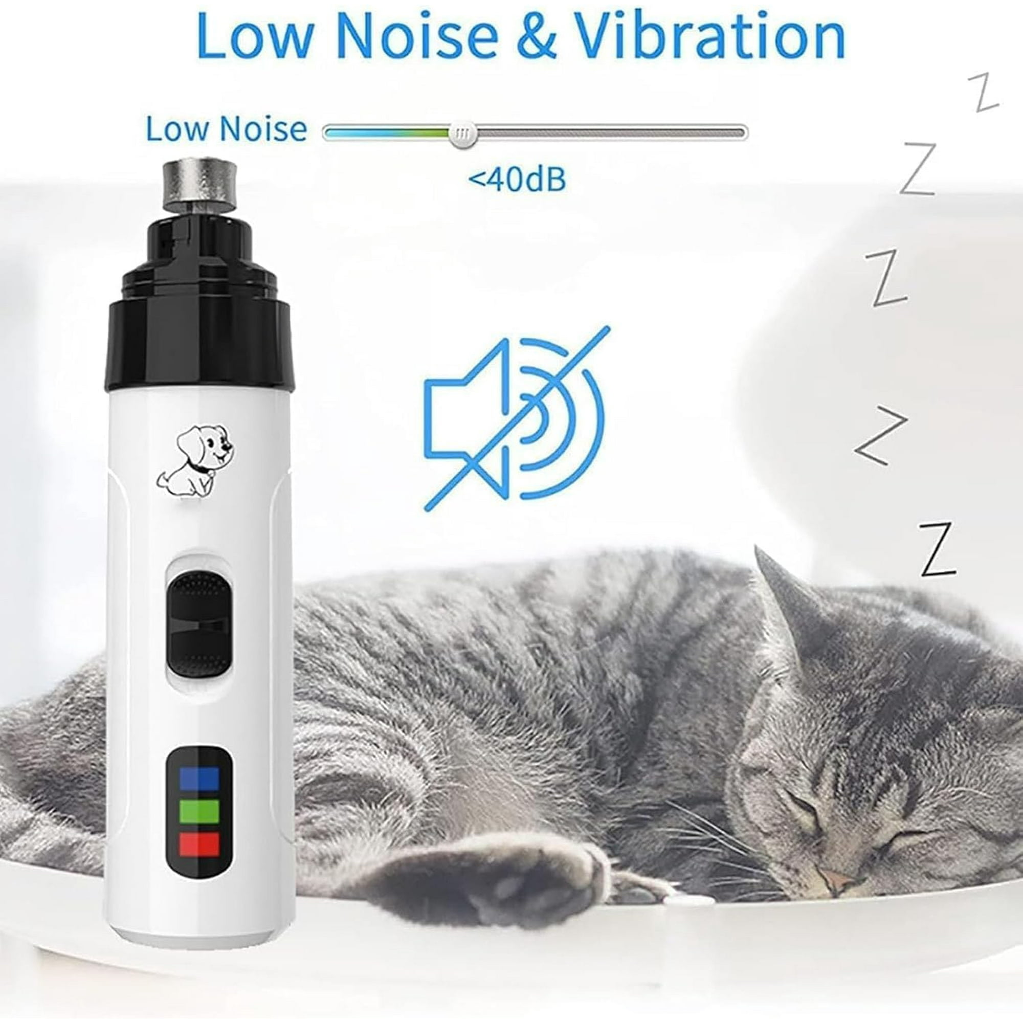 Ein weißer Nagelknipser für Haustiere mit einer schlafenden Katze. Das Bild zeigt geringe Geräusche und Vibrationen, unter 40 dB.