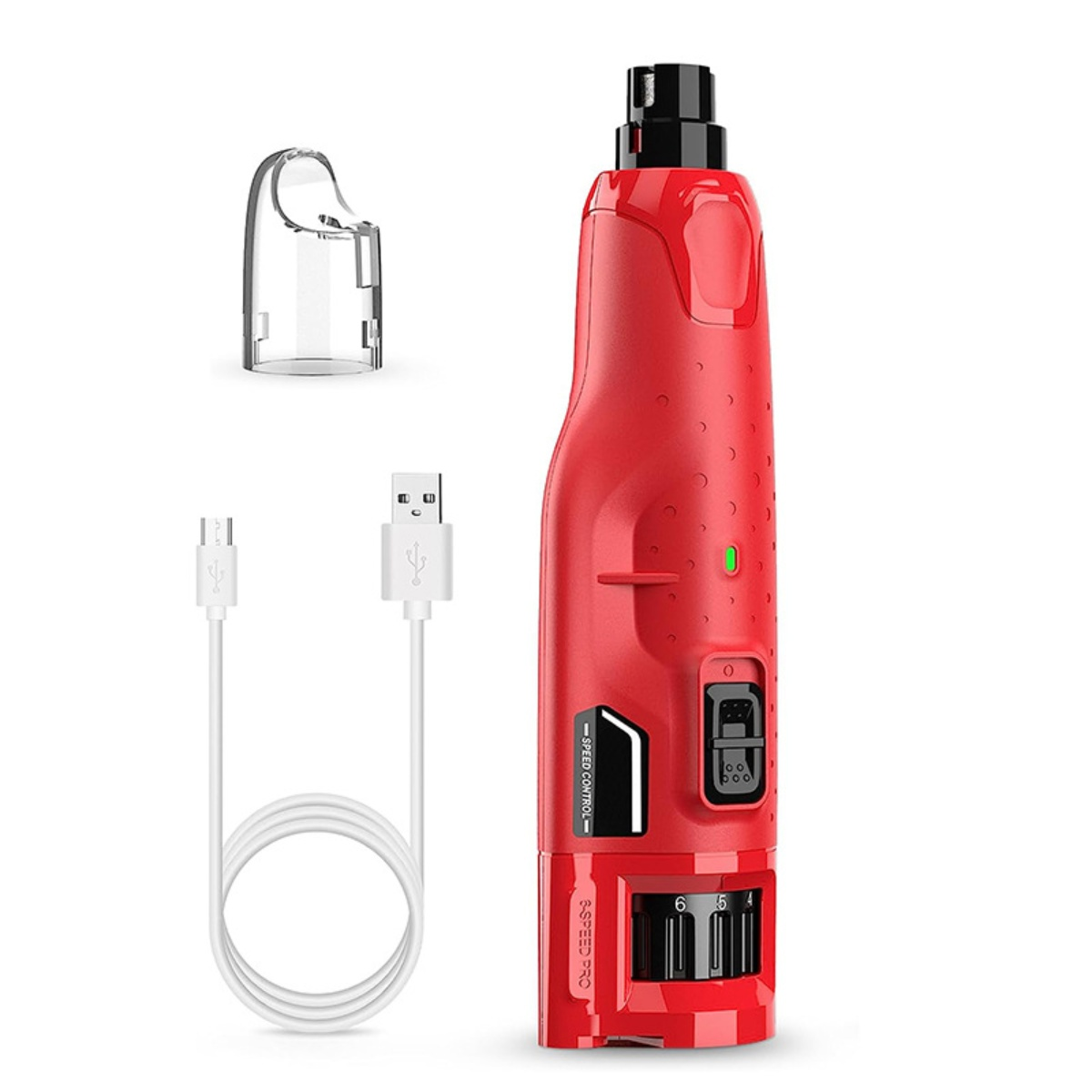 Roter Nagelknirps mit weißen USB-Kabeln, transparente Kunststoffabdeckung. Der Schleifer hat eine Geschwindigkeitsregelung.