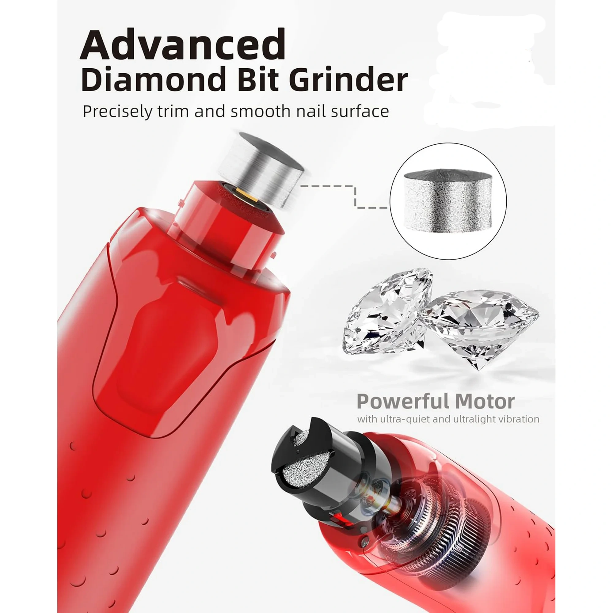Roter Nagelgrinder mit Diamantaufsatz. Text: Advanced Diamond Bit Grinder. Enthält einen Diamanten und eine Nahaufnahme des Motors.
