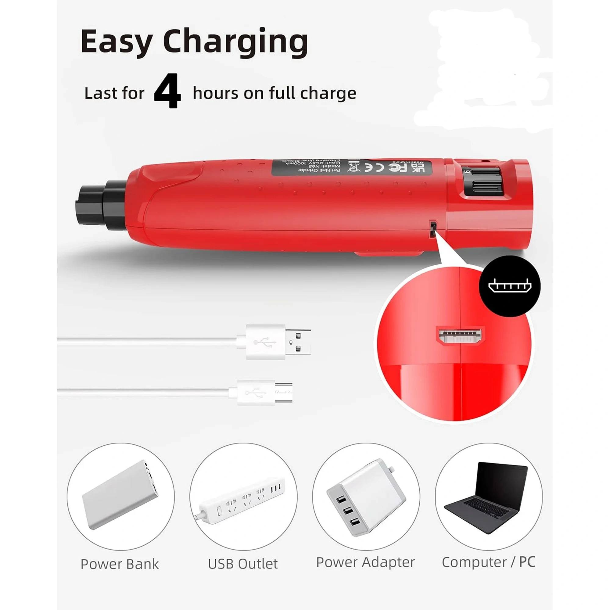 Roter Nagelknipser mit Ladeoptionen: Powerbank, USB-Steckdose, Netzteil und Computer. Hält 4 Stunden bei voller Ladung.