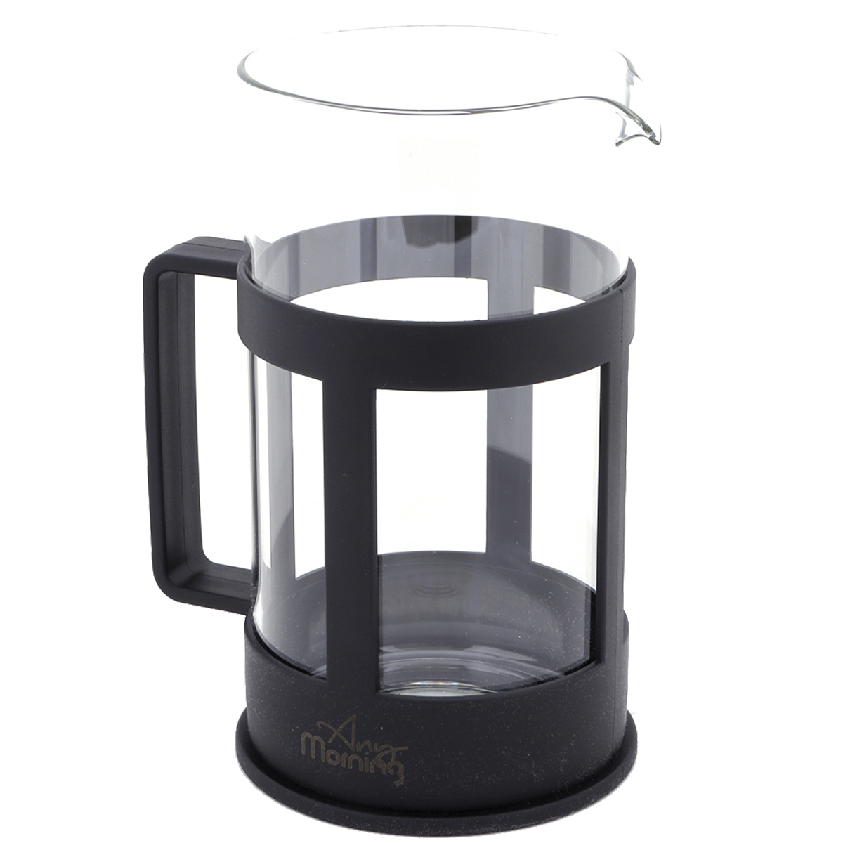 Una prensa de café de vidrio transparente con marco y asa negros. El vaso está vacío. La base tiene impreso "Any Morning".