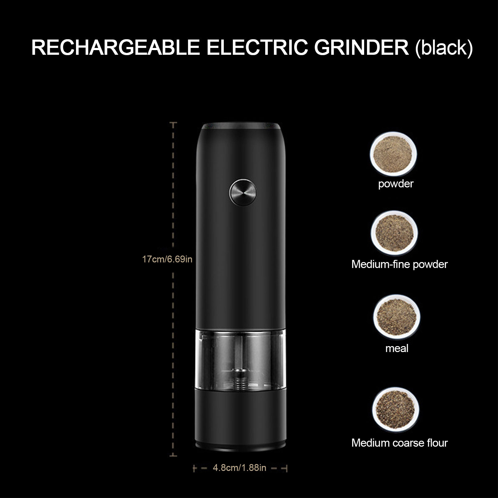 Schwarzer elektrischer Grinder mit Pulverproben. Er hat Größenangaben. Der Titel lautet 'WIEDERAUFLADBARER ELEKTRISCHER GRINDER (schwarz)'.