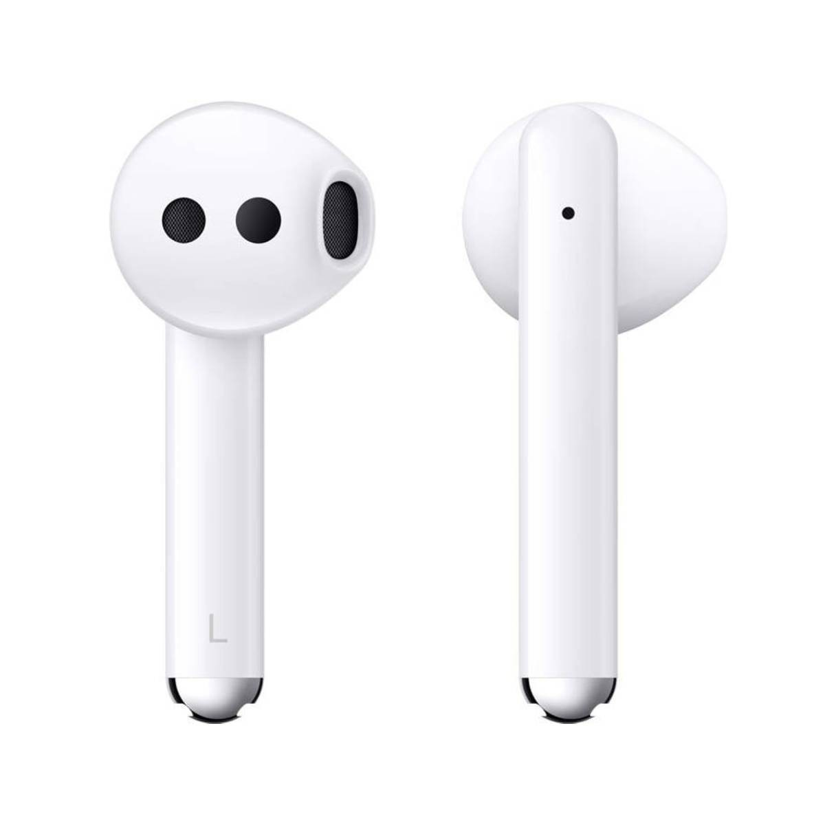 Due auricolari wireless bianche, una con tre punti neri, l'altra con un punto. Entrambe hanno steli e fondi argentati.