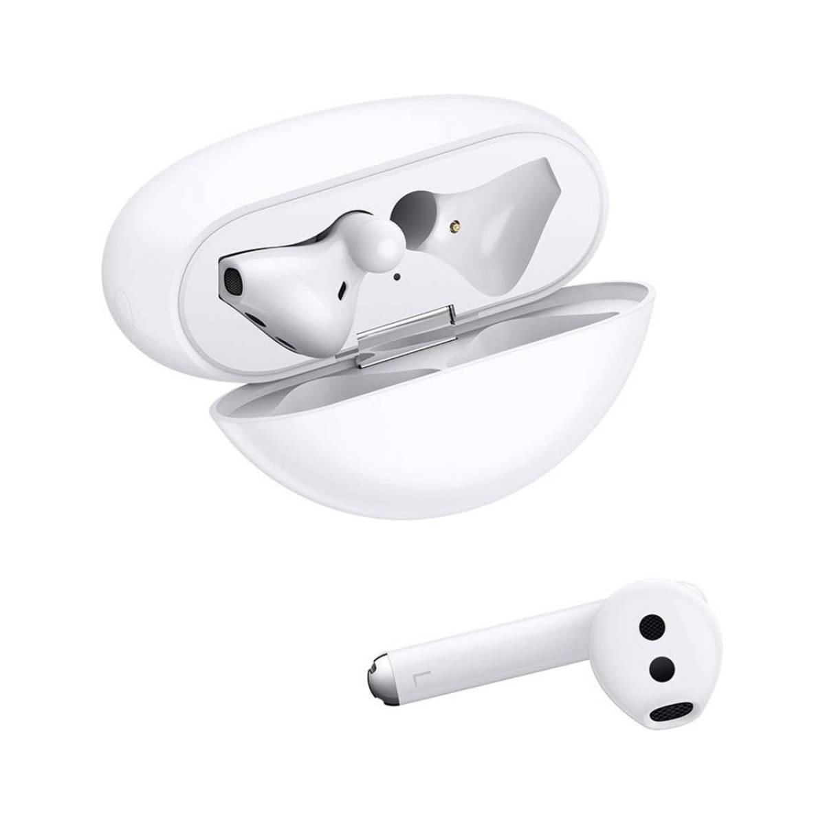 Auricolari wireless e custodia di ricarica bianchi su sfondo bianco. Un auricolare è separato.