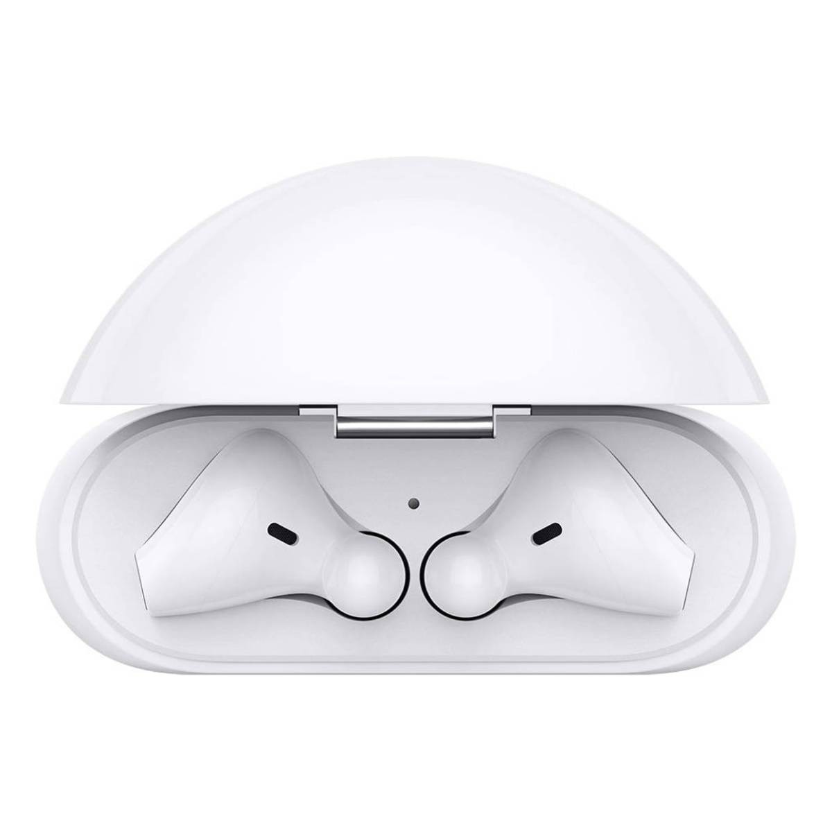 Auricolari wireless bianchi in una custodia di ricarica aperta. La custodia è anch'essa bianca con la parte superiore arrotondata. Gli auricolari sono nella custodia.
