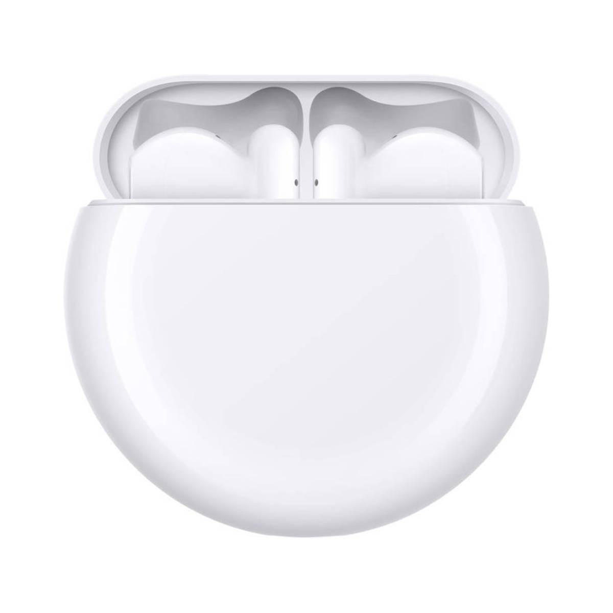 Auricolari wireless bianchi in una custodia di ricarica aperta. La custodia e gli auricolari sono bianchi, su sfondo bianco.