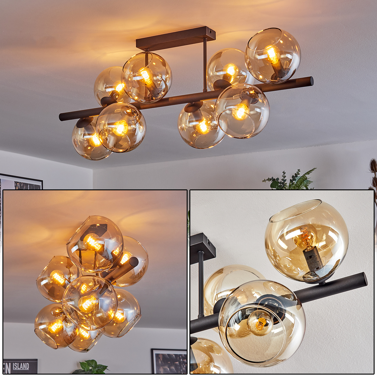Eine moderne Deckenlampe mit mehreren Glaskugeln. Die Kugeln sind bernsteinfarben und enthalten Glühbirnen. Der Rahmen ist schwarz.